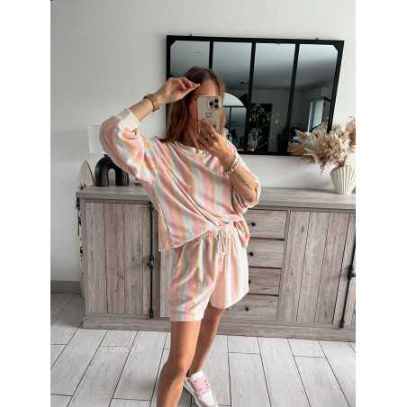 Sweat rayures éponge pastel ensemble short American vintage look ootd grecy set confort comfy cosy