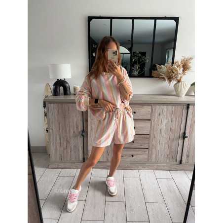 Sweat rayures éponge pastel ensemble short American vintage look ootd grecy set confort comfy cosy