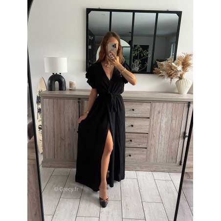 robe longue noire fendue manches courtes chic tendance automne rentrée 2024 style mode ootd grecy