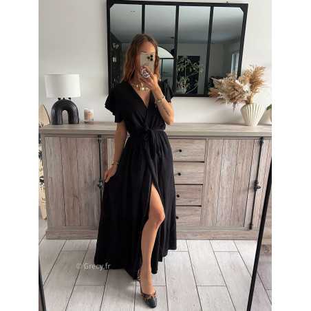 robe longue noire fendue manches courtes chic tendance automne rentrée 2024 style mode ootd grecy