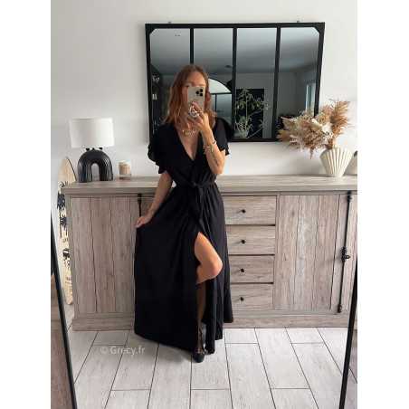 robe longue noire fendue manches courtes chic tendance automne rentrée 2024 style mode ootd grecy