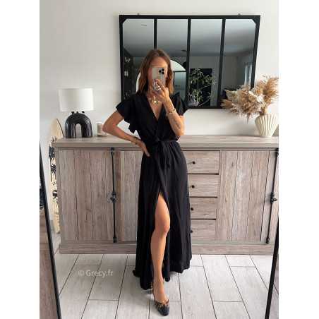 robe longue noire fendue manches courtes chic tendance automne rentrée 2024 style mode ootd grecy