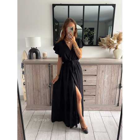 robe longue noire fendue manches courtes chic tendance automne rentrée 2024 style mode ootd grecy