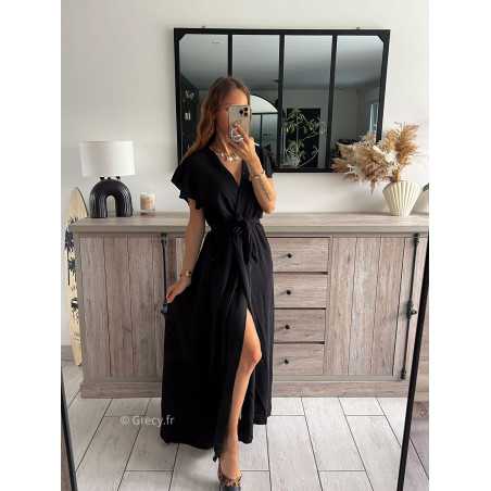 robe longue noire fendue manches courtes chic tendance automne rentrée 2024 style mode ootd grecy