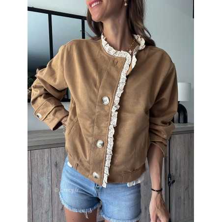 Veste suédine camel broderie chic tendance automne rentrée 2024 style mode ootd grecy