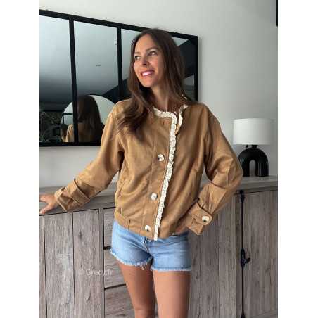 Veste suédine camel broderie chic tendance automne rentrée 2024 style mode ootd grecy