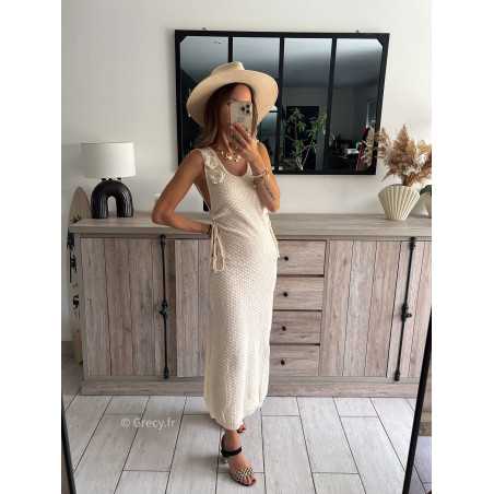 robe longue maille crochet roses relief fleurs plage chic tendance 2024 style mode ootd grecy