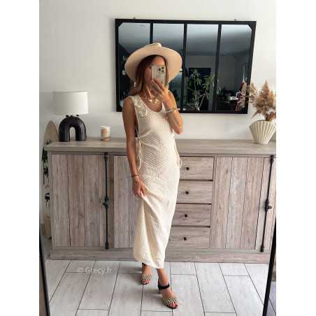 robe longue maille crochet roses relief fleurs plage chic tendance 2024 style mode ootd grecy