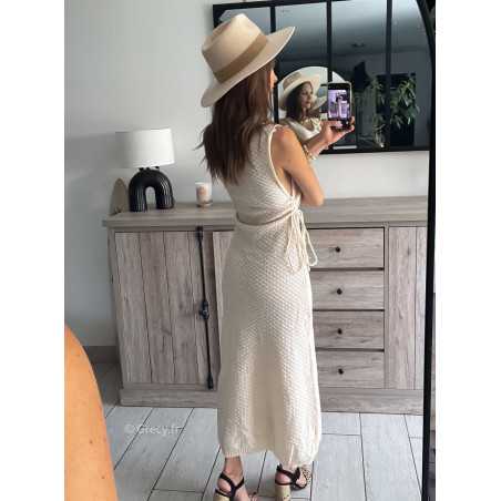 robe longue maille crochet roses relief fleurs plage chic tendance 2024 style mode ootd grecy