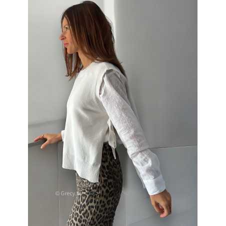 pull sans manches beige ouvert côté noeud chic tendance automne rentrée 2024 style mode ootd grecy