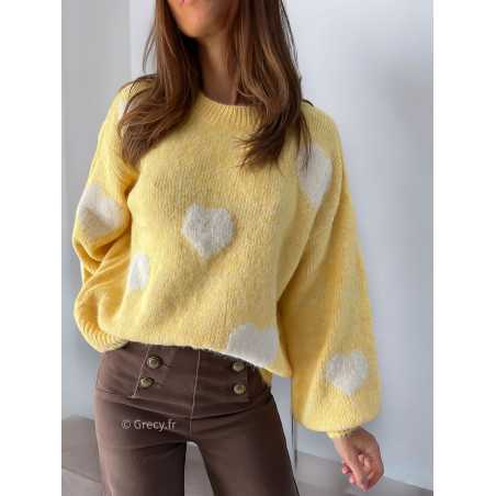 pull jaune coeurs tendance automne rentrée 2024 style mode ootd grecy