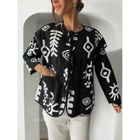 veste matelassée ethnique motifs noire blanc automne hiver 2024 mode tendance grecy