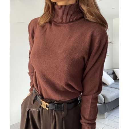 pull col roulé montant marron foncé chocolat doux qualité chic grecy mode ootd tenue outfit look automne 2024