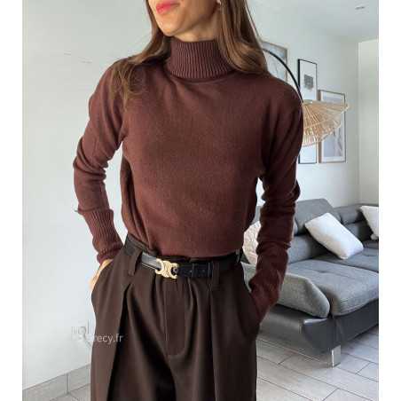 pull col roulé montant marron foncé chocolat doux qualité chic grecy mode ootd tenue outfit look automne 2024