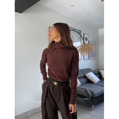 pull col roulé montant marron foncé chocolat doux qualité chic grecy mode ootd tenue outfit look automne 2024