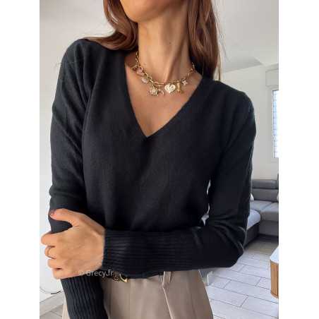 pull col v noir doux qualité chic grecy mode ootd tenue outfit look automne 2024