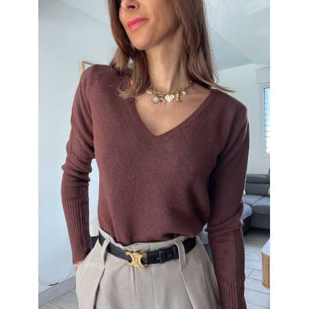 pull col v marron chocolat doux qualité chic grecy mode ootd tenue outfit look automne 2024