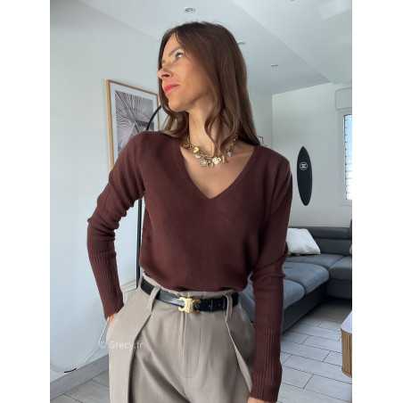 pull col v marron chocolat doux qualité chic grecy mode ootd tenue outfit look automne 2024