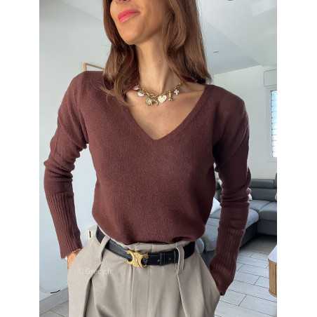 pull col v marron chocolat doux qualité chic grecy mode ootd tenue outfit look automne 2024