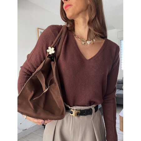 pull col v marron chocolat doux qualité chic grecy mode ootd tenue outfit look automne 2024