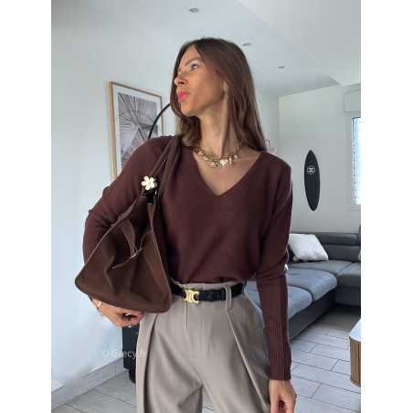 pull col v marron chocolat doux qualité chic grecy mode ootd tenue outfit look automne 2024