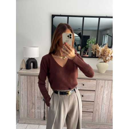 pull col v marron chocolat doux qualité chic grecy mode ootd tenue outfit look automne 2024