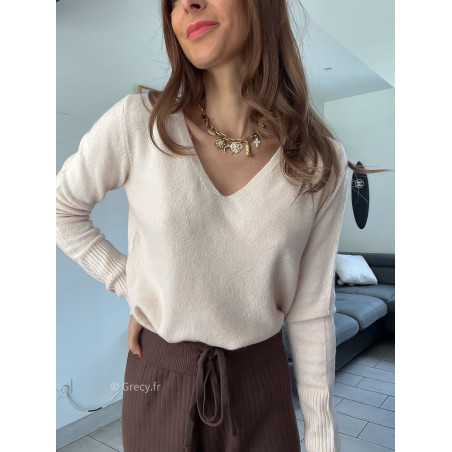 pull col v beige rosé doux qualité chic grecy mode ootd tenue outfit look automne 2024