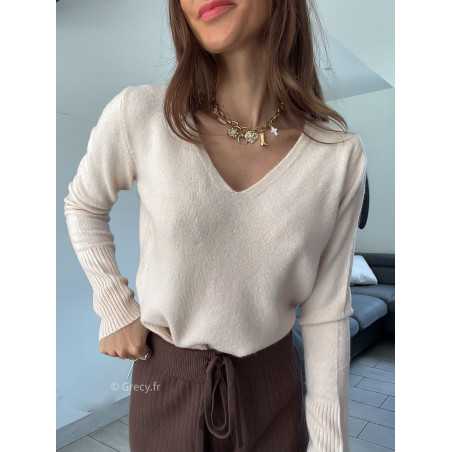 pull col v beige rosé doux qualité chic grecy mode ootd tenue outfit look automne 2024