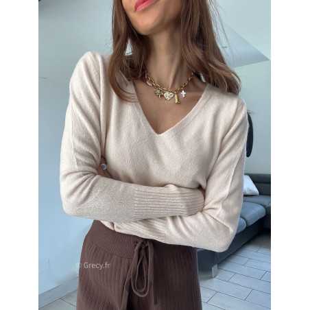 pull col v beige rosé doux qualité chic grecy mode ootd tenue outfit look automne 2024