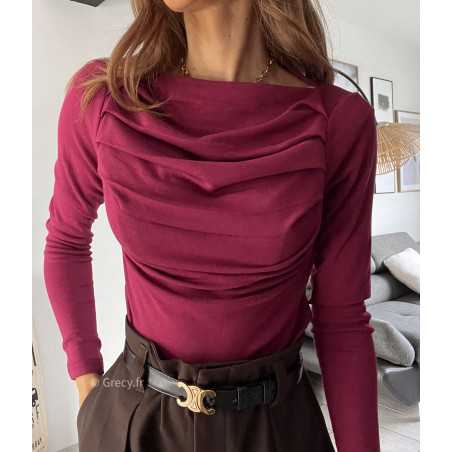 top manches longues pull fin bordeaux plissé doux qualité chic grecy mode ootd tenue outfit look automne 2024