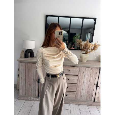 top manches longues pull fin beige plissé doux qualité chic grecy mode ootd tenue outfit look automne 2024