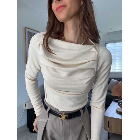 top manches longues pull fin beige plissé doux qualité chic grecy mode ootd tenue outfit look automne 2024