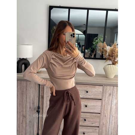 top manches longues pull fin taupe plissé doux qualité chic grecy mode ootd tenue outfit look automne 2024