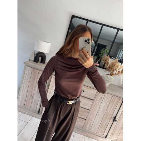 top manches longues pull fin marron chocolat plissé doux qualité chic grecy mode ootd tenue outfit look automne 2024