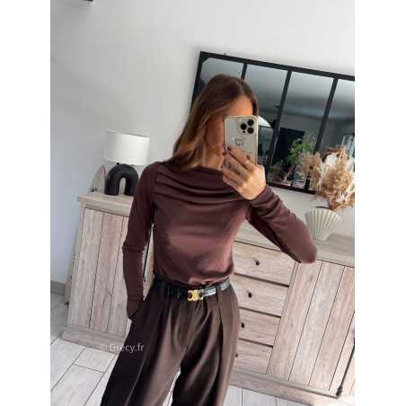 top manches longues pull fin marron chocolat plissé doux qualité chic grecy mode ootd tenue outfit look automne 2024