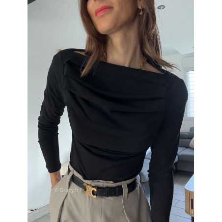 top manches longues pull fin noir plissé doux qualité chic grecy mode ootd tenue outfit look automne 2024