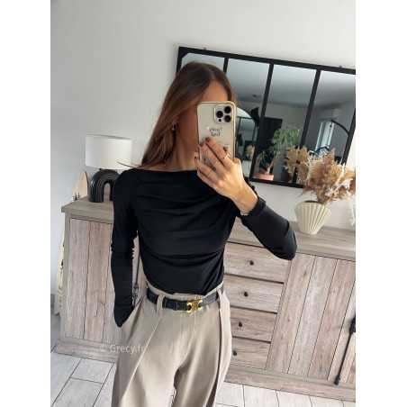 top manches longues pull fin noir plissé doux qualité chic grecy mode ootd tenue outfit look automne 2024