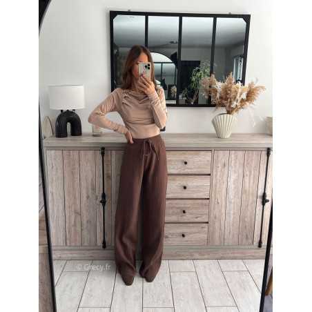 pantalon maille marron chocolat doux qualité chic grecy mode ootd tenue outfit look automne 2024