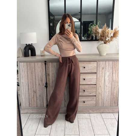 pantalon maille marron chocolat doux qualité chic grecy mode ootd tenue outfit look automne 2024