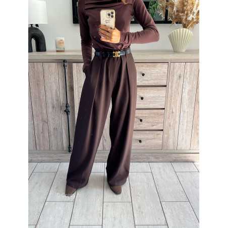 pantalon à pinces marron foncé chocolat beige large à plis qualité chic grecy mode ootd tenue outfit look automne 2024