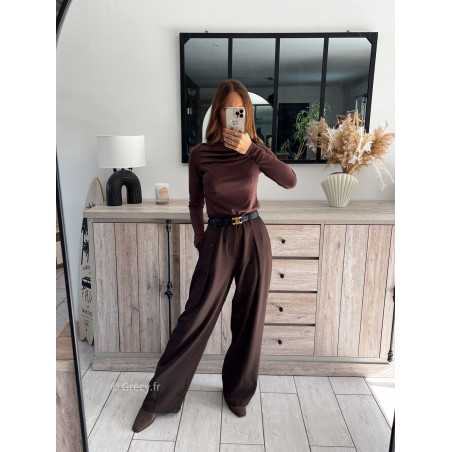 pantalon à pinces marron foncé chocolat beige large à plis qualité chic grecy mode ootd tenue outfit look automne 2024