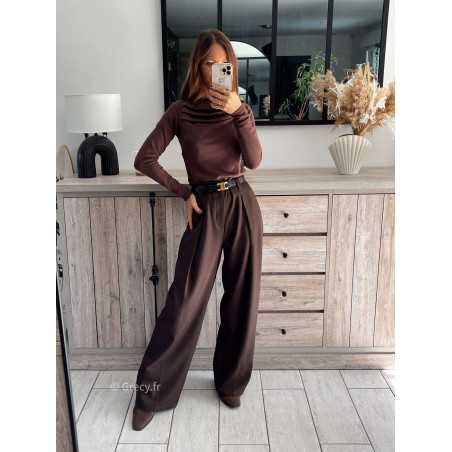 pantalon à pinces marron foncé chocolat beige large à plis qualité chic grecy mode ootd tenue outfit look automne 2024