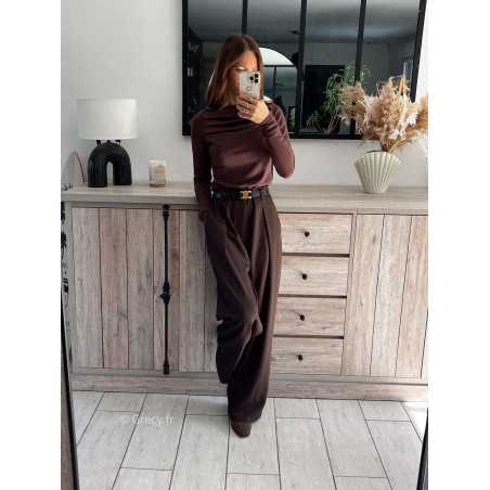 pantalon à pinces marron foncé chocolat beige large à plis qualité chic grecy mode ootd tenue outfit look automne 2024