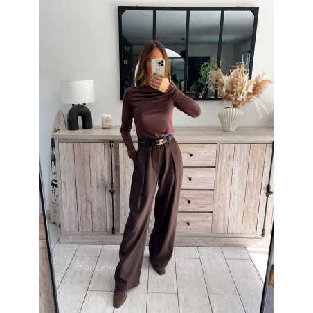 pantalon à pinces marron foncé chocolat beige large à plis qualité chic grecy mode ootd tenue outfit look automne 2024