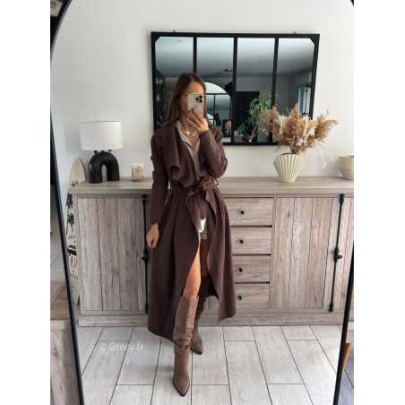 gilet long trench marron chocolat foncé ceinturé chic grecy mode ootd tenue outfit look automne 2024