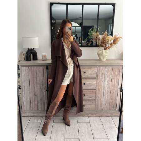 gilet long trench marron chocolat foncé ceinturé chic grecy mode ootd tenue outfit look automne 2024