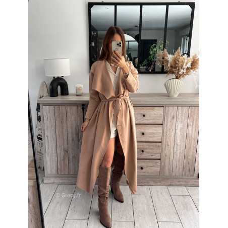 gilet long trench beige ceinturé chic grecy mode ootd tenue outfit look automne 2024