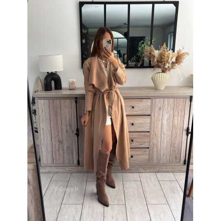 gilet long trench beige ceinturé chic grecy mode ootd tenue outfit look automne 2024