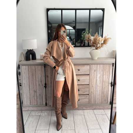 gilet long trench beige ceinturé chic grecy mode ootd tenue outfit look automne 2024