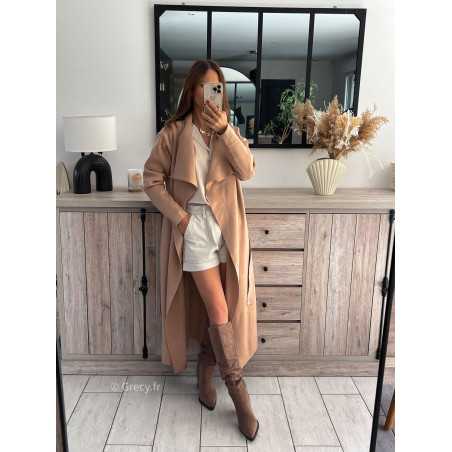 gilet long trench beige ceinturé chic grecy mode ootd tenue outfit look automne 2024